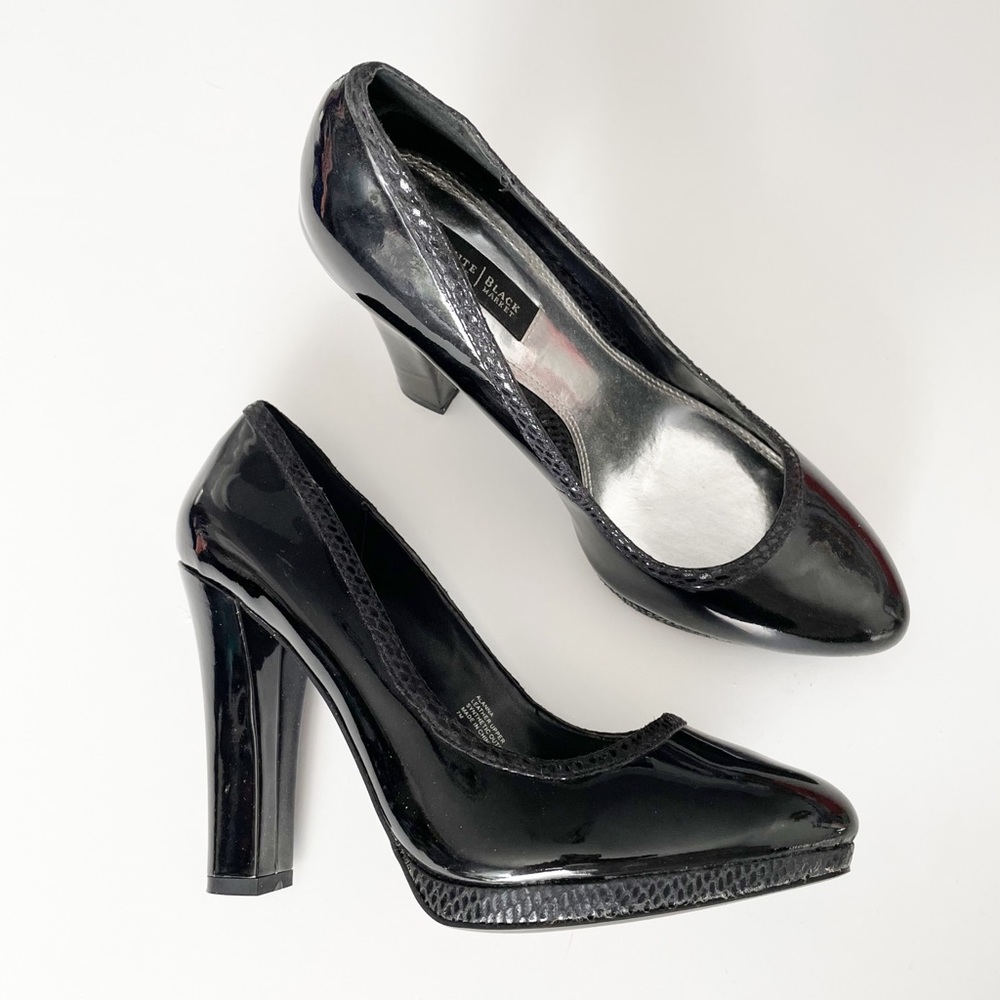 White House Black Market Alanna Patent Leather Platform Black Heels SZ 7M